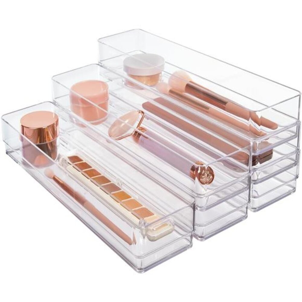 Clear Drawer Organizer Set Stackable Makeup Vanity Desk Storage Trays 6 Piece